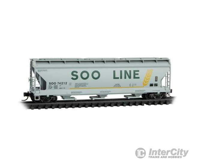 Micro Trains N 9400155 ACF 3-Bay Center Flow Covered Hopper with Elongated Hatches - Soo Line #74212 (gray green yellow