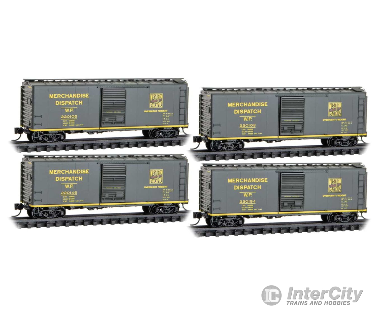 Micro Trains N 98300233 40’ Single-Door Boxcar 4-Pack - Ready to Run - Western Pacific #220106 220108 220146 220194