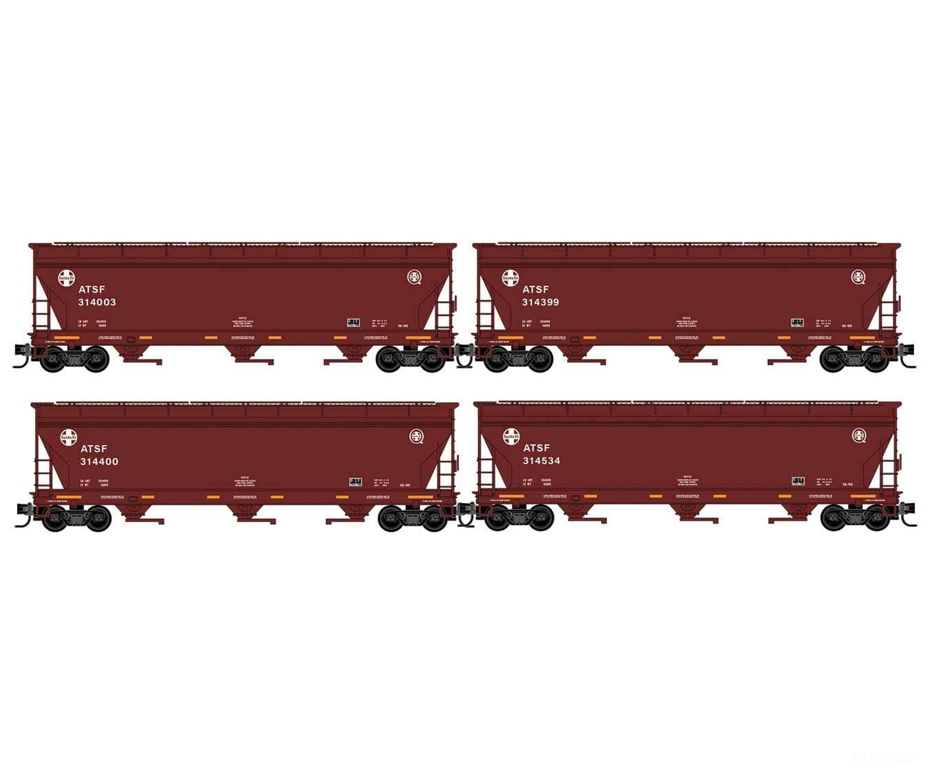 Micro Trains N 98300237 ACF 3-Bay Center Flow Covered Hopper with Elongated Hatches - Santa Fe #314399 314534 314400