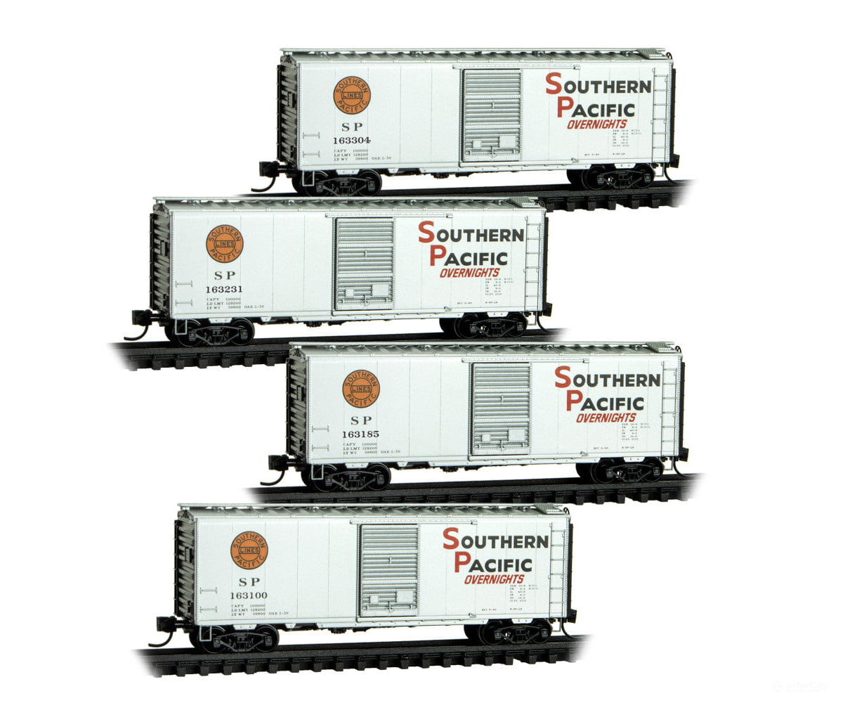 Micro Trains N 98300242 40’ Single-Door Boxcar 4-Pack - Southern Pacific #163100 163185 163231 163304 (Overnight silver
