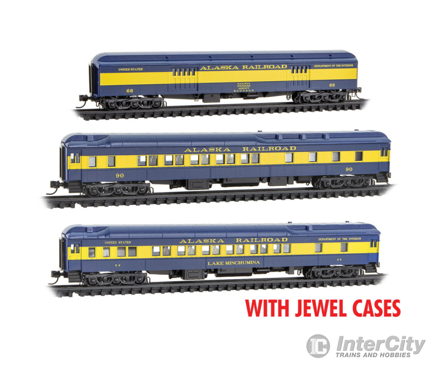 Micro Trains N 98302257 Heavyweight 70’ Baggage 10-1-12 & 12-1 Sleeper Set - Ready To Run Alaska