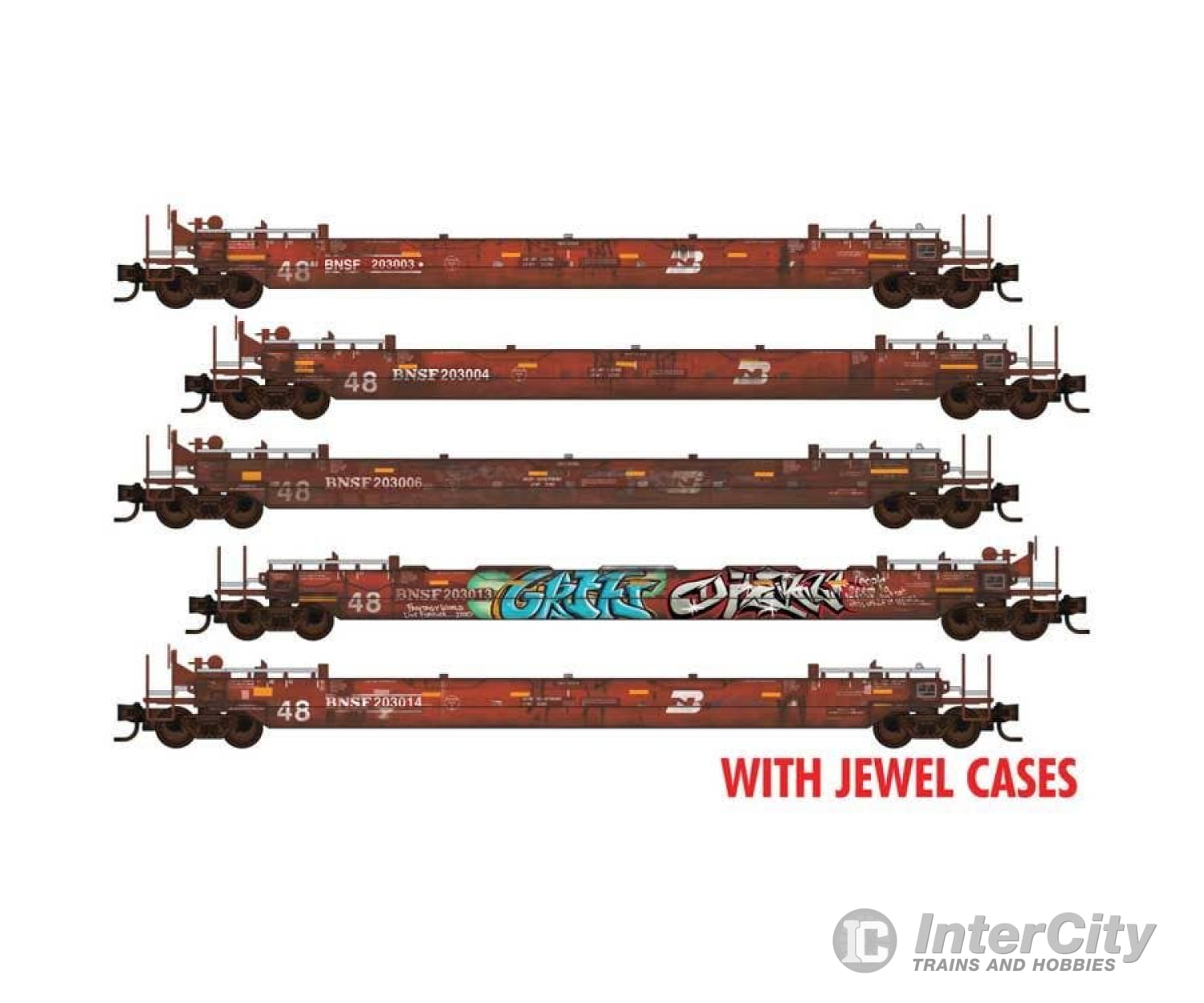 Micro Trains N 98302258 70’ Husky-Stack Well Car w/48’ Well 5-Pack - Ready to Run - BNSF Railway (Weathered red BN Logo