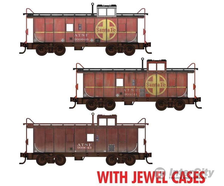 Micro Trains N 98302259 36’ Riveted-Steel Cupola Caboose 3-Pack - Santa Fe #999046 999141 (Weathered red yellow) 999643