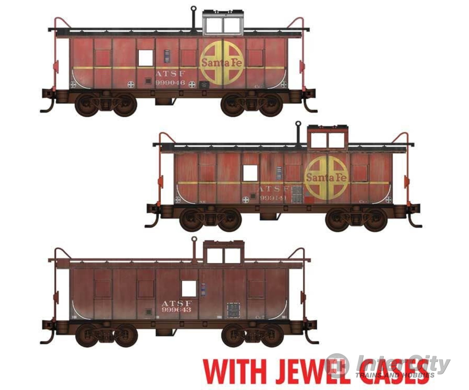 Micro Trains N 98302259 36’ Riveted-Steel Cupola Caboose 3-Pack - Santa Fe #999046 999141 (Weathered red yellow) 999643