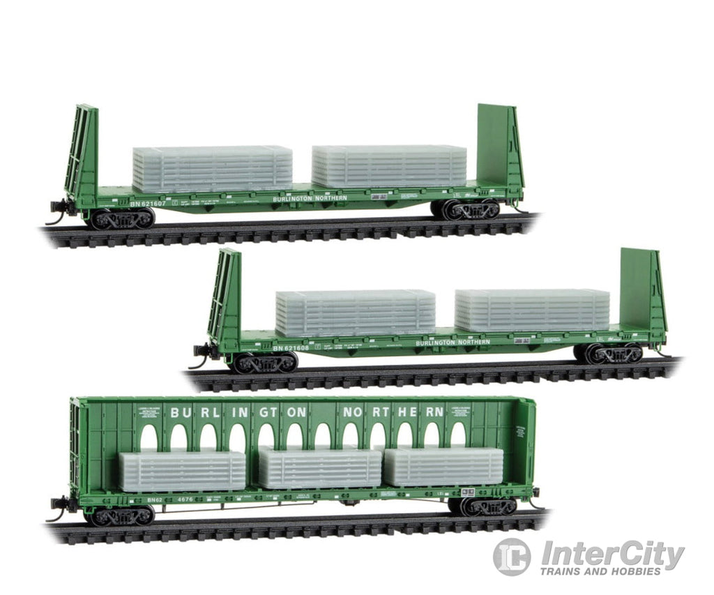 Micro Trains N 98302261 60’ Centerbeam & 2 61’8’’ Bulkhead Flatcars w/Ingot Load - Burlington Northern #624676 621607