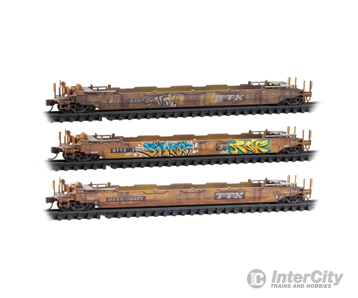 Micro Trains N 98302262 70’ Husky-Stack Well Car w/48’ Well 3-Pack - TTX DTTX #56787 56795 56821 (Weathered yellow