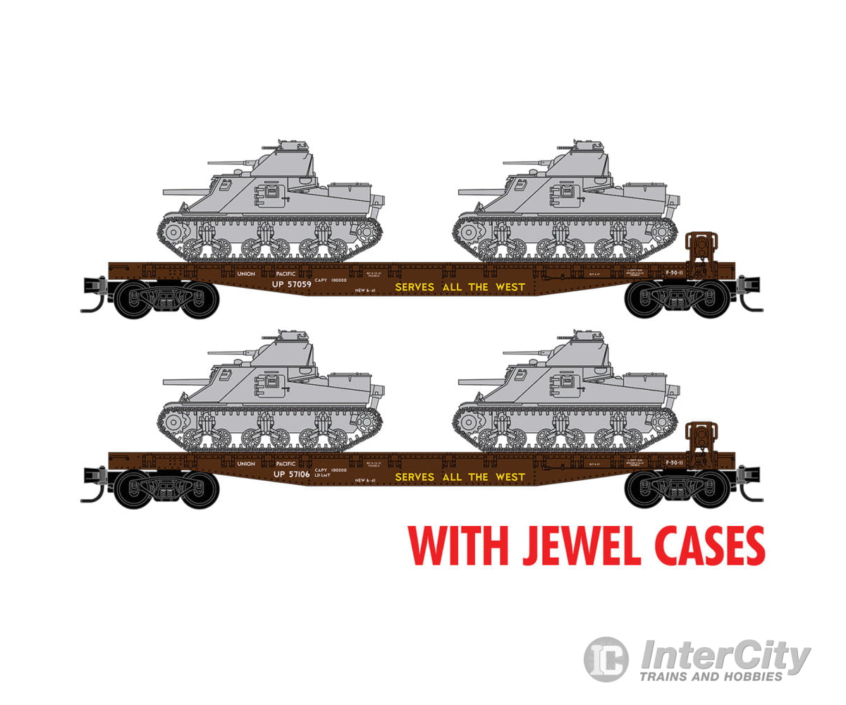 Micro Trains N 98302263 50’ Fishbelly-Side Flatcar w/M3 Lee Tank Load Kit 2-Pack - Union Pacific #57059 57106 (Boxcar