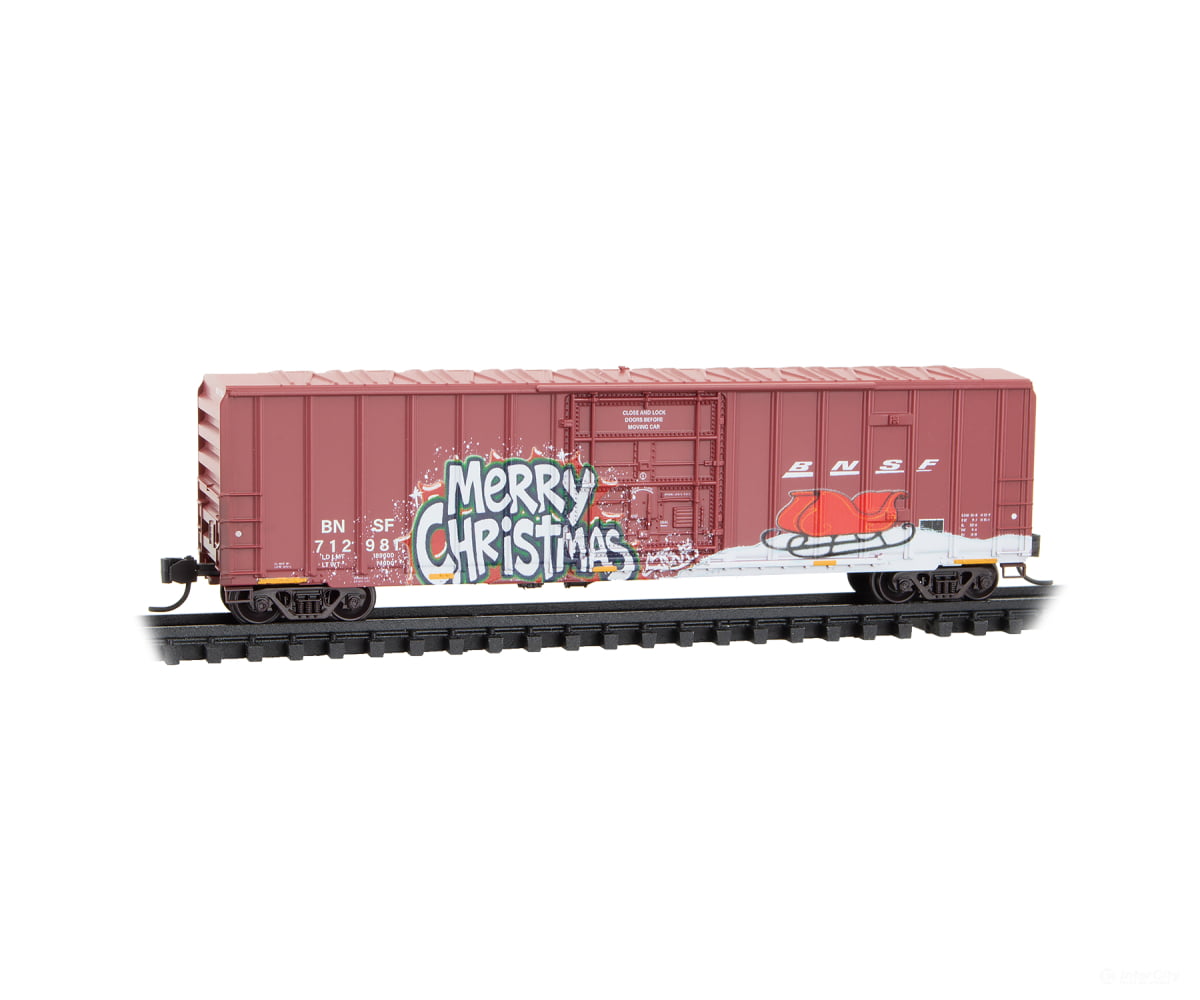 Micro Trains N 98302289 50’ Rib-Side Plug-Door Boxcar No Roofwalk 3-Pack - BNSF Christmas Graffiti - Freight Cars