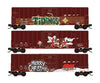 Micro Trains N 98302289 50’ Rib-Side Plug-Door Boxcar No Roofwalk 3-Pack - BNSF Christmas Graffiti - Freight Cars