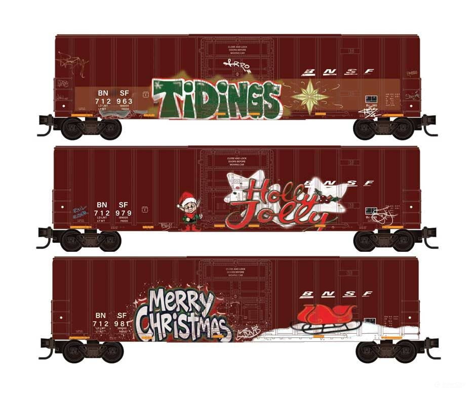 Micro Trains N 98302289 50’ Rib-Side Plug-Door Boxcar No Roofwalk 3-Pack - BNSF Christmas Graffiti - Freight Cars