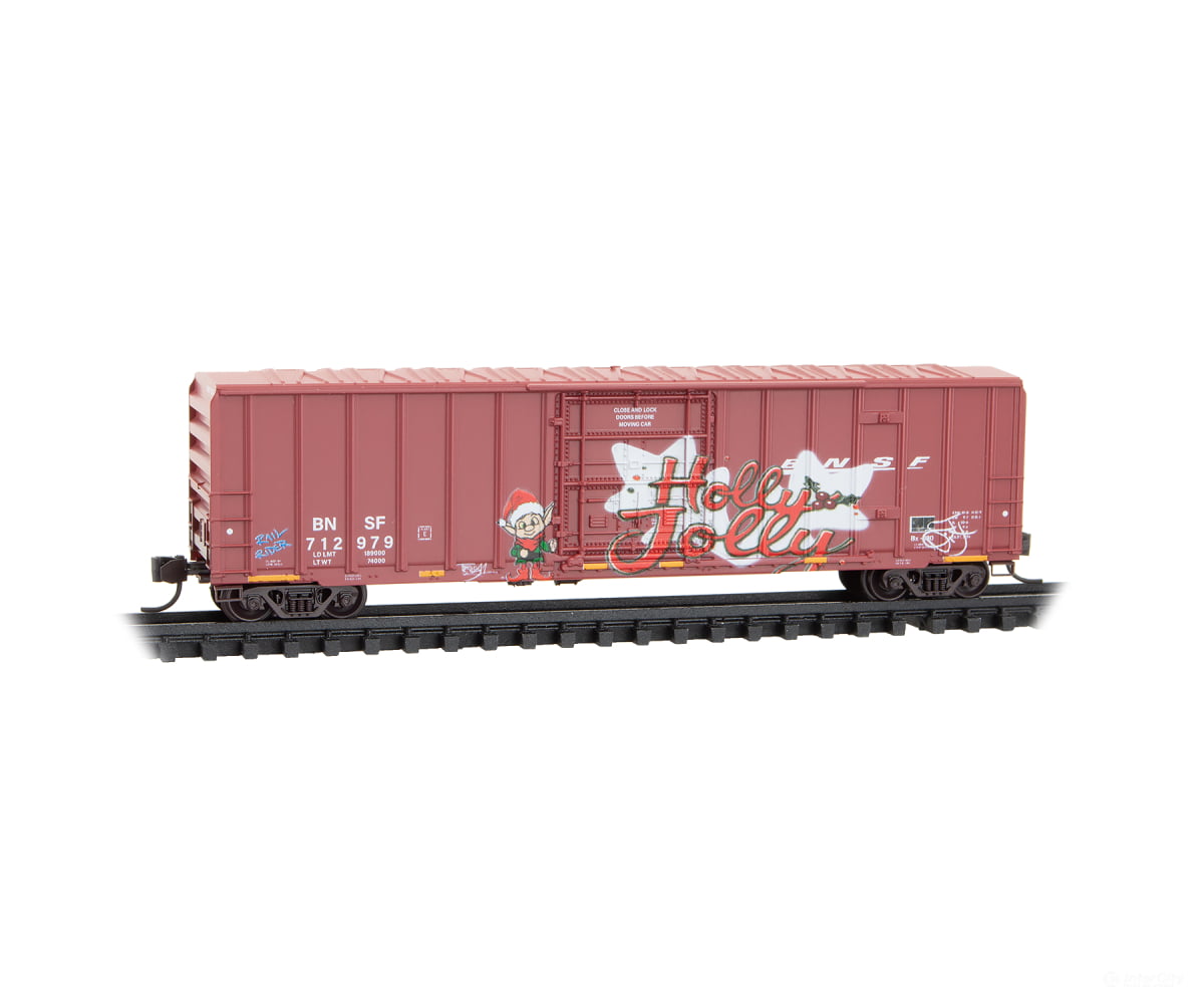 Micro Trains N 98302289 50’ Rib-Side Plug-Door Boxcar No Roofwalk 3-Pack - BNSF Christmas Graffiti - Freight Cars