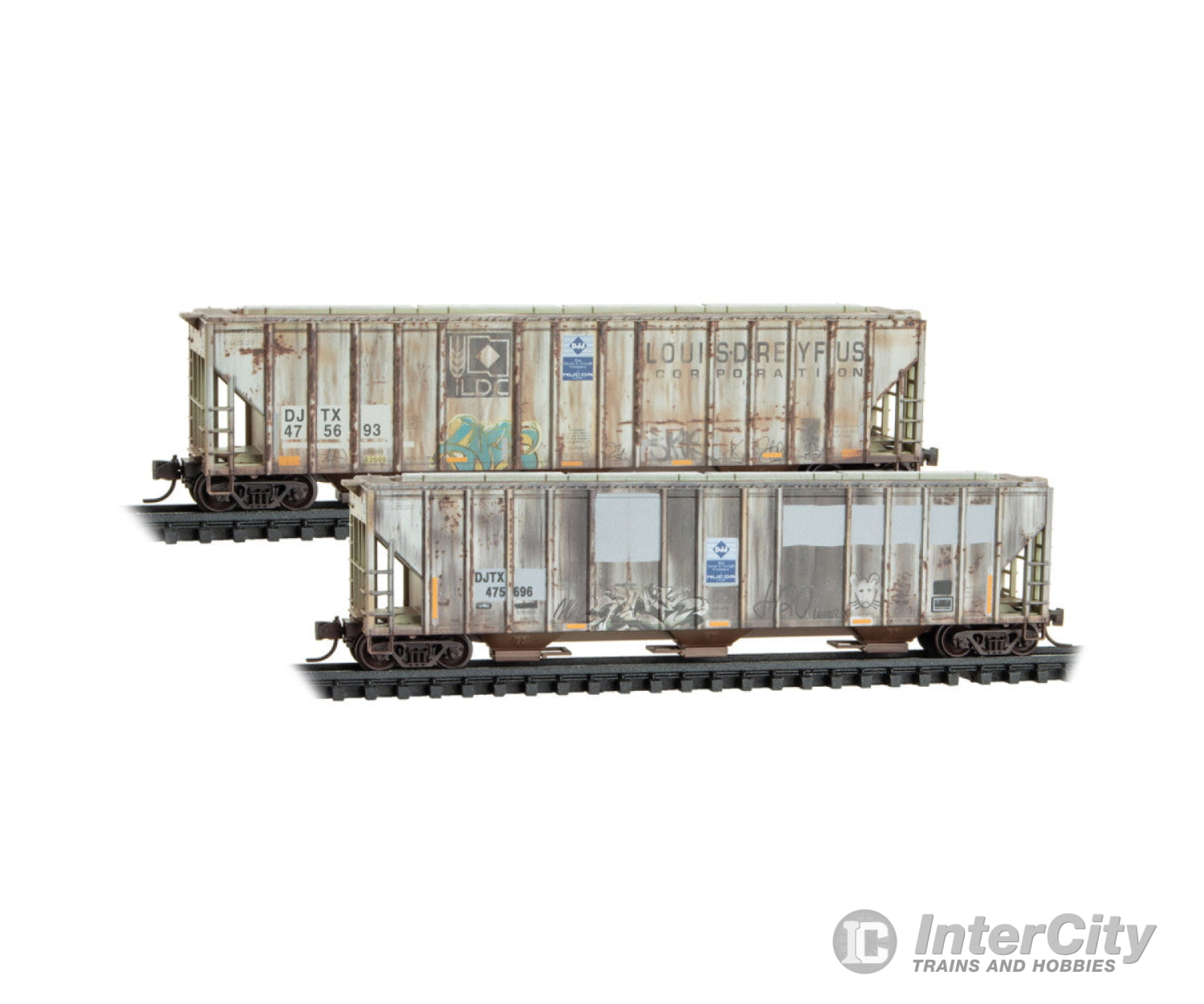 Micro Trains N 98305088 Evans 100-Ton 3-Bay Covered Hopper 2-Pack - David J Joseph DJTX #475696 475693 (Ex-Louis