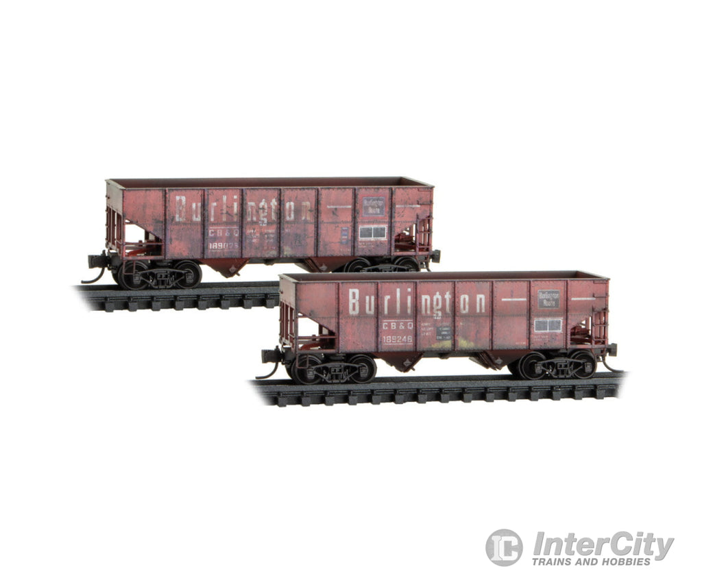 Micro Trains N 98305089 33’ 2-Bay Rib-Side Hopper 2-Pack - Chicago Burlington & Quincy #189248 189023 (Weathered red