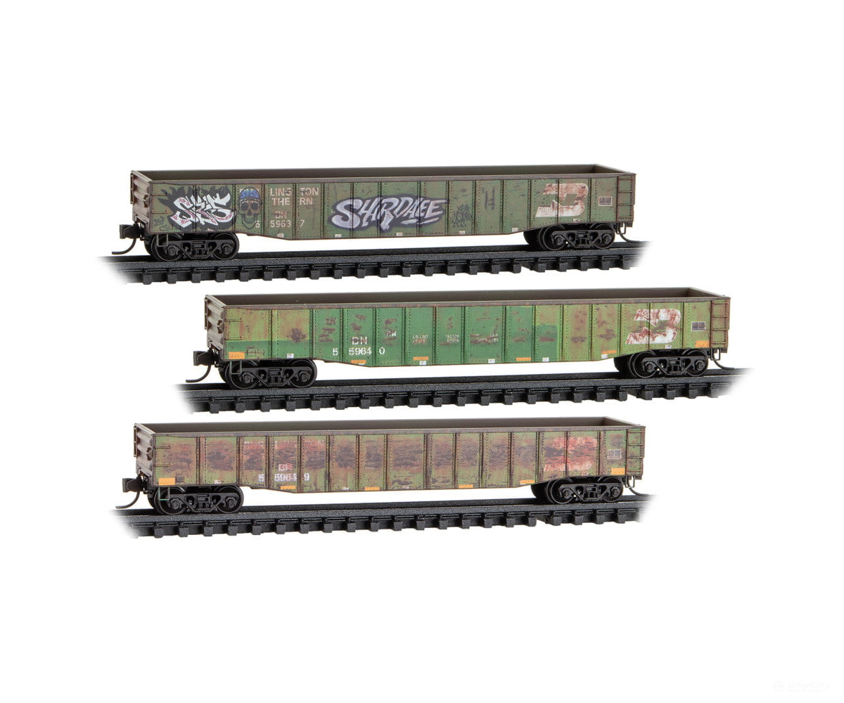 Micro Trains N 98305090 50’ 15-Panel Fixed-End Gondola 3-Pack - Burlington Northern #559637 559640 559649 (Weathered