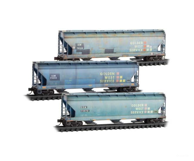 Micro Trains N 98305092 ACF 3-Bay Center Flow Covered Hopper w/Elongated Hatches 3-Pack - Cotton Belt SSW 70344 73355