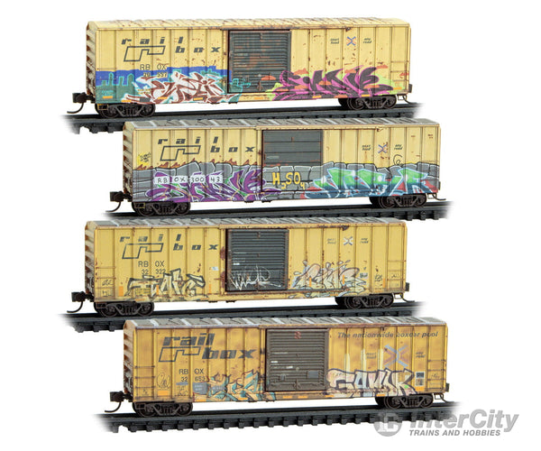 Micro Trains N 98305099 50’ Rib-Side Single-Door Boxcar No Roofwalk 4-Pack - Railbox #20557 30043 32322 32653