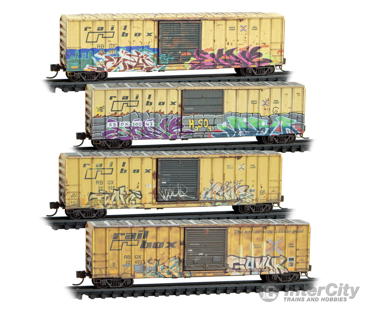 Micro Trains N 98305099 50’ Rib-Side Single-Door Boxcar No Roofwalk 4-Pack - Railbox #20557 30043 32322 32653