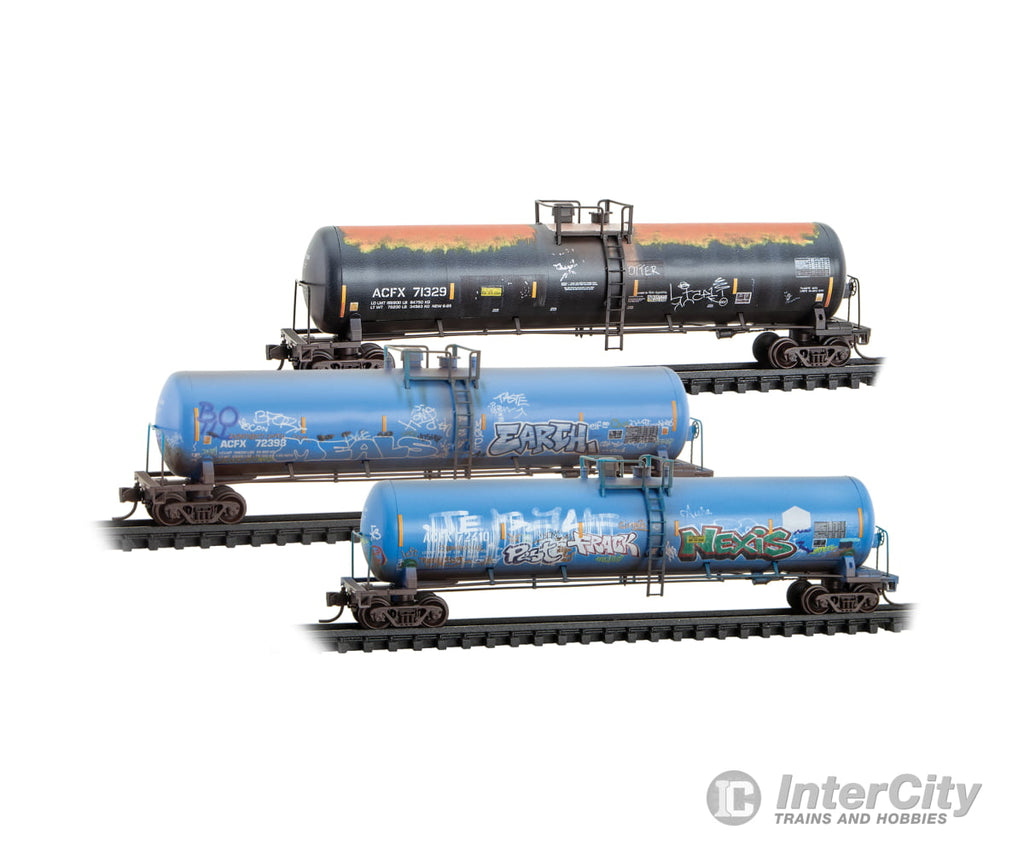 Micro Trains N 98305101 56’ General-Service Tank Car 3-Pack - ACFX #71329 72393 72410 (Weathered 2 blue & 1 black car