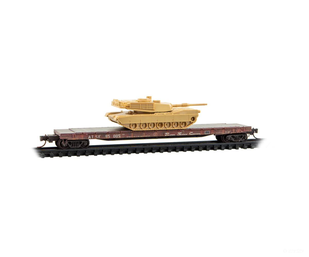 Micro Trains N Scale 983102294 57’ 6’’ Flatcar with Tank Load (2-Pack) - Santa Fe #95005 95011 (Weathered red white)