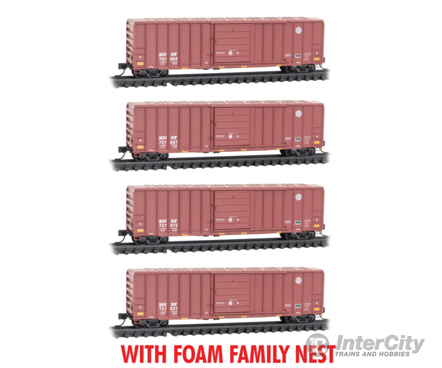 Micro Trains N 99300193 50 Rib-Side Single-Door Boxcar No Roofwalk 4-Pack - Ready To Run -- Bnsf