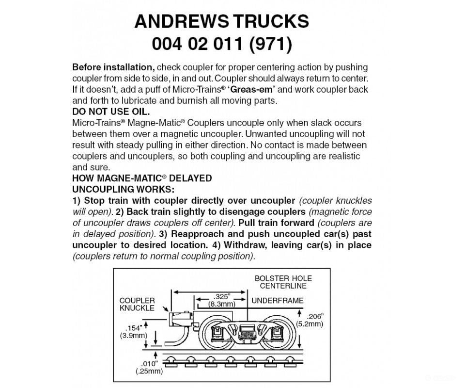 Micro Trains 402011 Andrews Trucks - With Short Extended Couplers 1 Pair &
