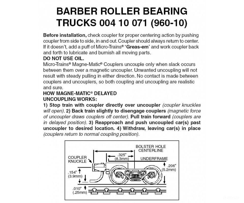 Micro Trains 410071 Barber Roller-Bearing Trucks - (Black) 10 Pairs Couplers &