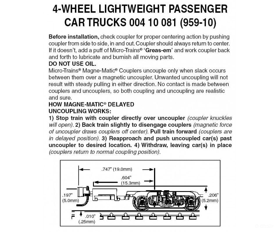 Micro Trains 410081 Lightweight Passenger Trucks - 4-Wheel (Black) 10 Pairs Couplers &