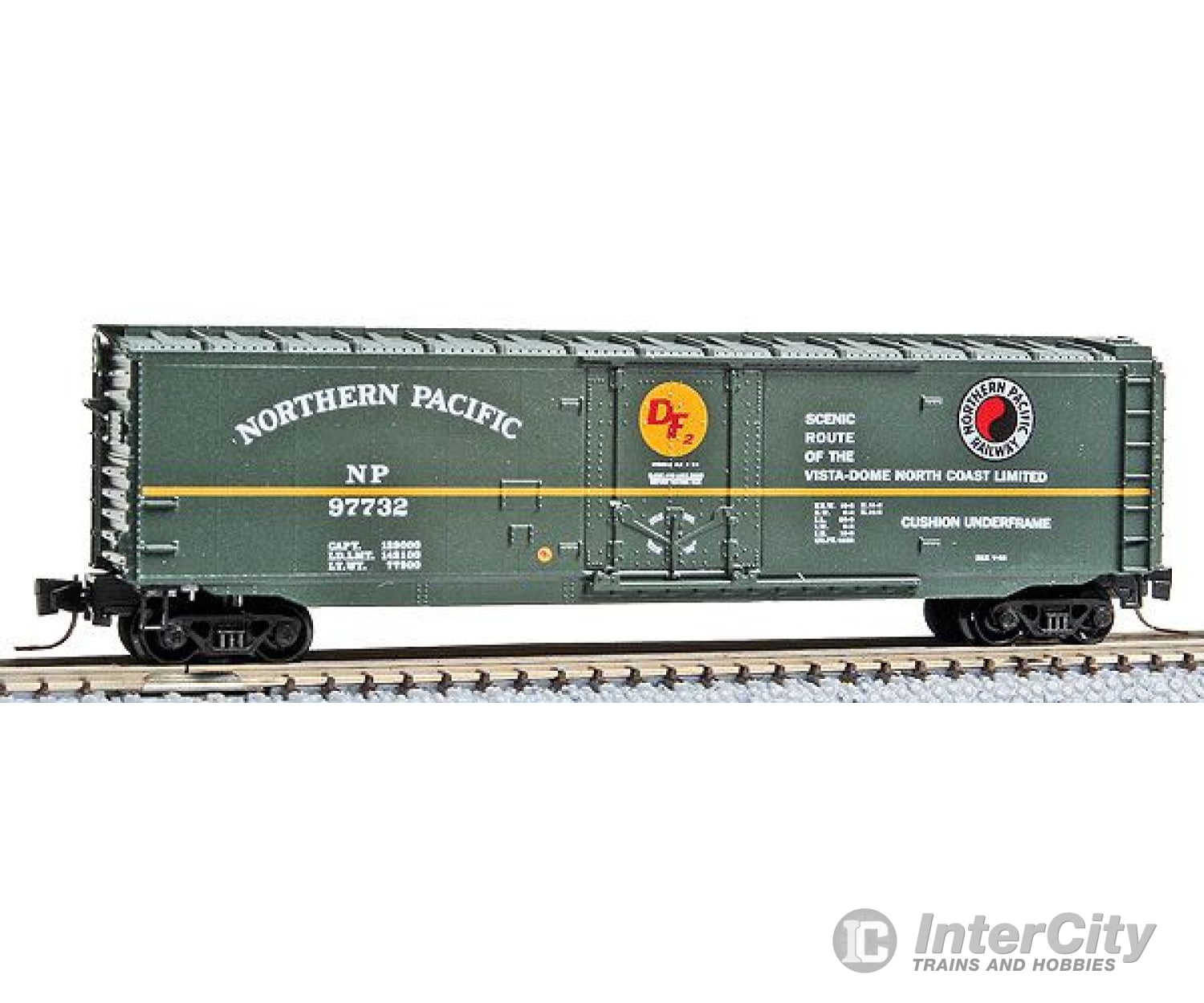 Micro Trains Z 50700472 50 Plug-Door Boxcar - Ready To Run -- Northern Pacific #97732 (Green Yellow