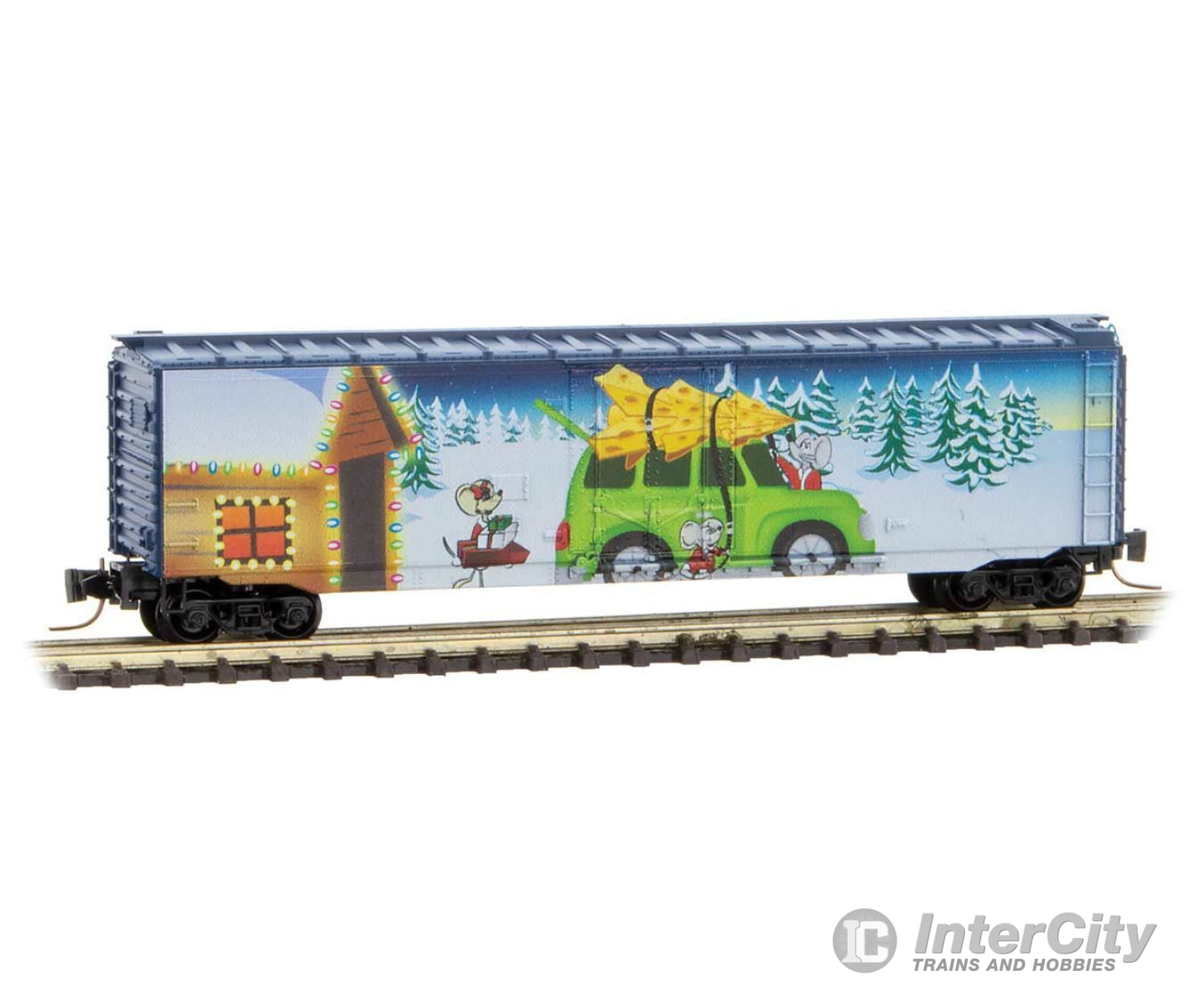 Micro Trains Z 50700680 50 Plug-Door Boxcar - Ready To Run -- Micro-Mouse (Color Christmas Graphics)