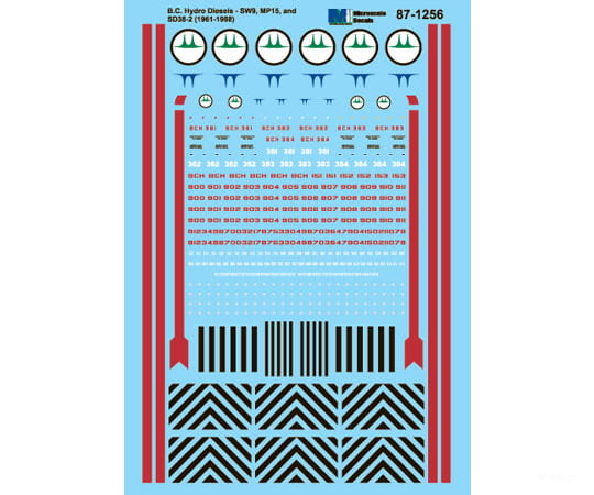 Microscale HO 871256 B.C. Hydro -- SW9 MP15 & SD38-2 Diesels 1961-1988 - Decals