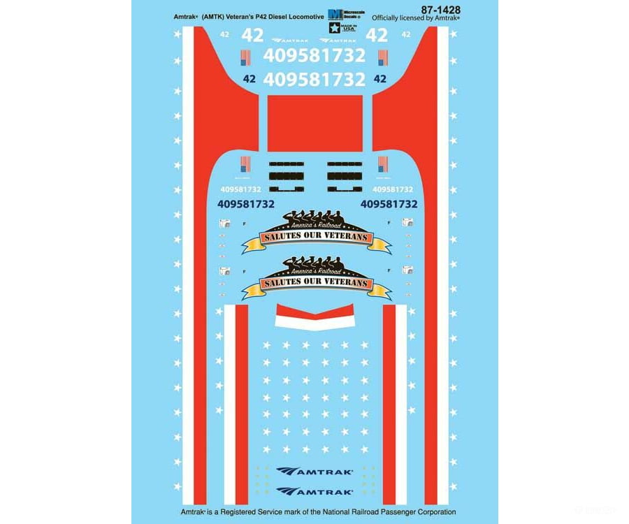 Microscale Ho 871428 Railroad Decal Set -- Amtrak Ge P42 No. 42 Veterans Salute Commemorative Decals