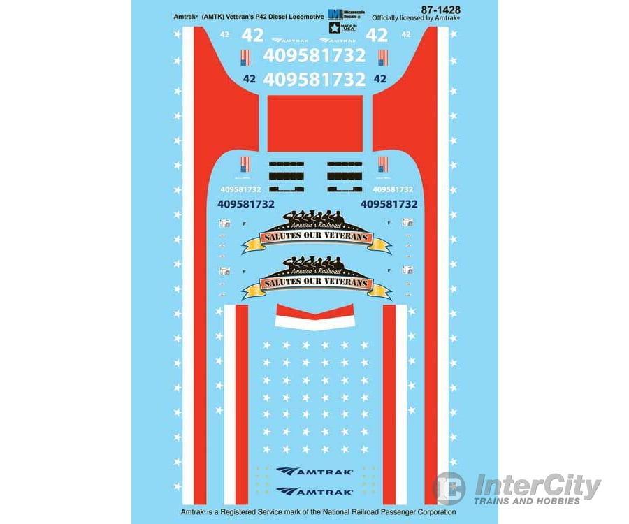 Microscale Ho 871428 Railroad Decal Set -- Amtrak Ge P42 No. 42 Veterans Salute Commemorative Decals