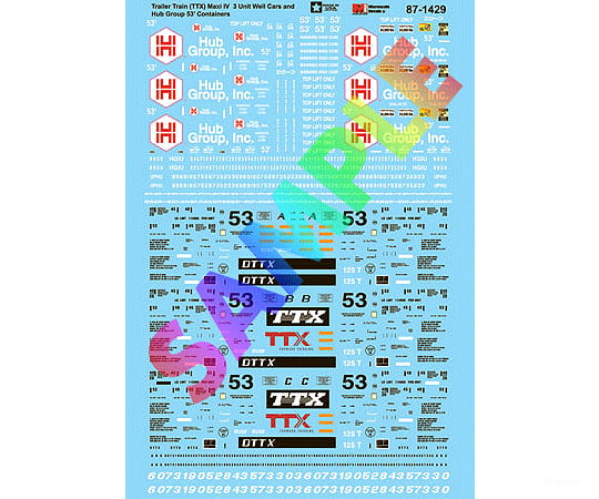 Microscale Ho 871429 Railroad Decal Set -- Trailer Train Ttx Maxi Iv Well Cars & 53’ Hub Group