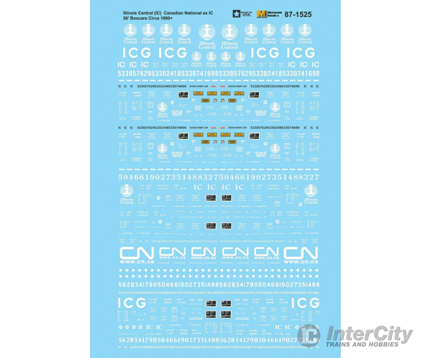 Microscale Ho 871525 Railroad Decal Set -- Canadian National Ex-Illinois Central Ic 50’ Boxcars