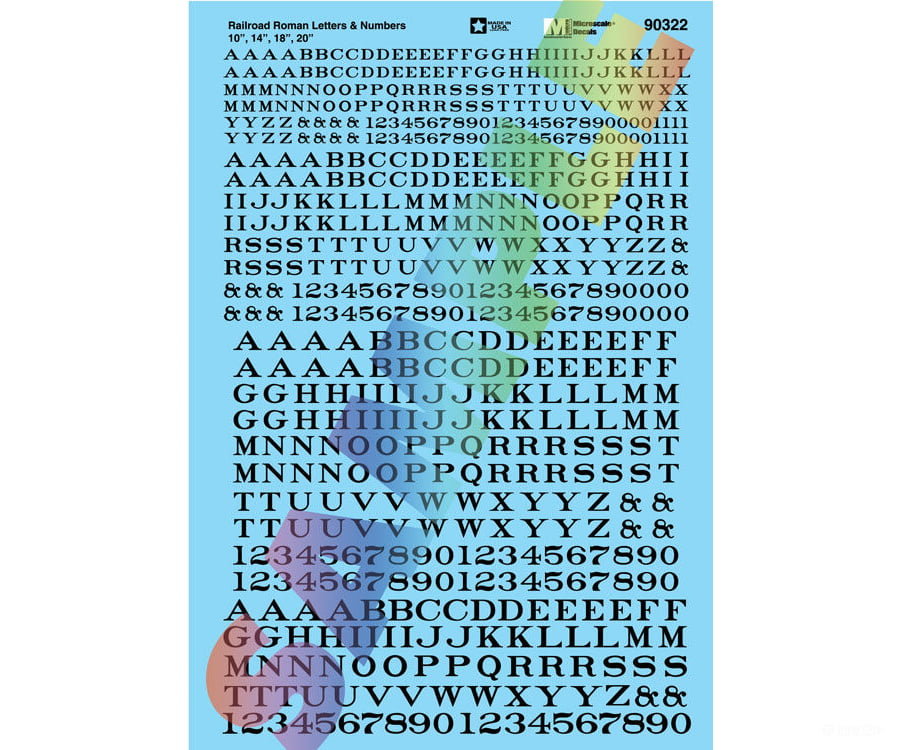 Microscale Ho 90322 Alphabet Decal Set -- Railroad Roman Letters & Numbers 10 14 18 20’ (Black)