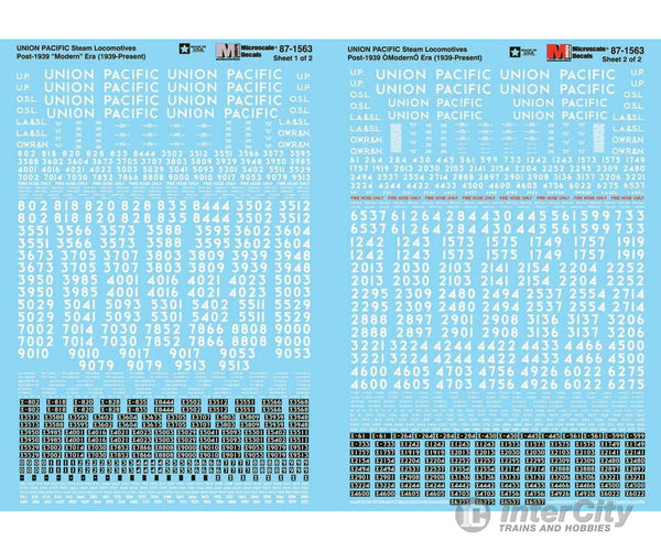 Microscale N 601563 Railroad Decal Set - - Union Pacific Steam Locomotives 1939 - Present (White
