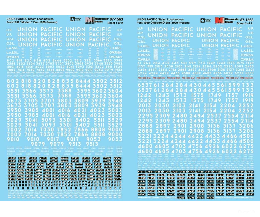 Microscale N 601563 Railroad Decal Set - - Union Pacific Steam Locomotives 1939 - Present (White