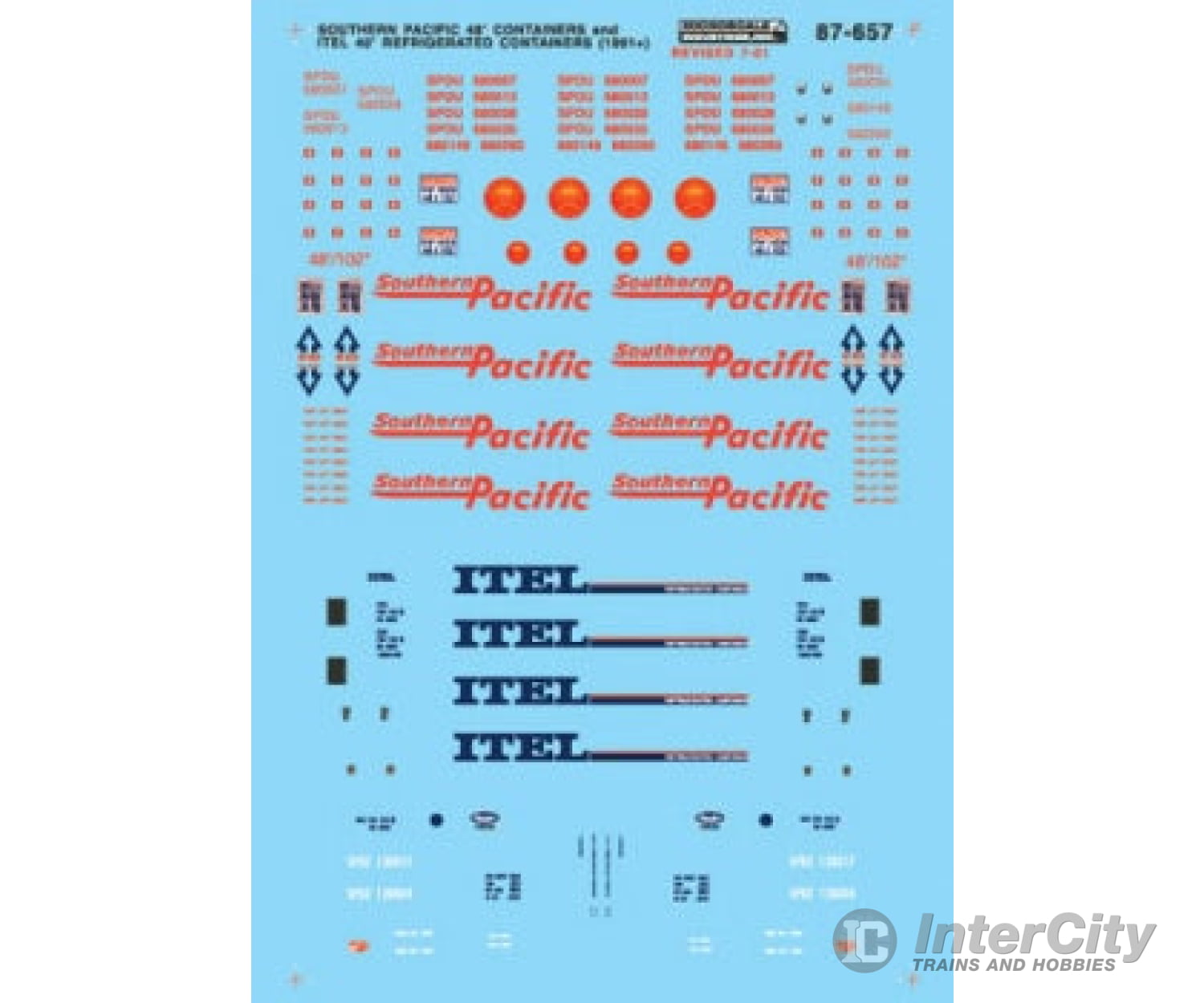 Microscale N 60657 Railroad Decal Set - Itel/Sp 48’ Reefer (Itel) 1990/48’ Container (Sp) 1990