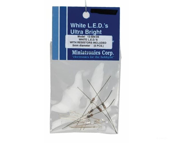 Miniatronics Corp. 1250005 White Led - Ultra Bright 5Mm 3-4V Dc 5 Pack With Resistors Lights &