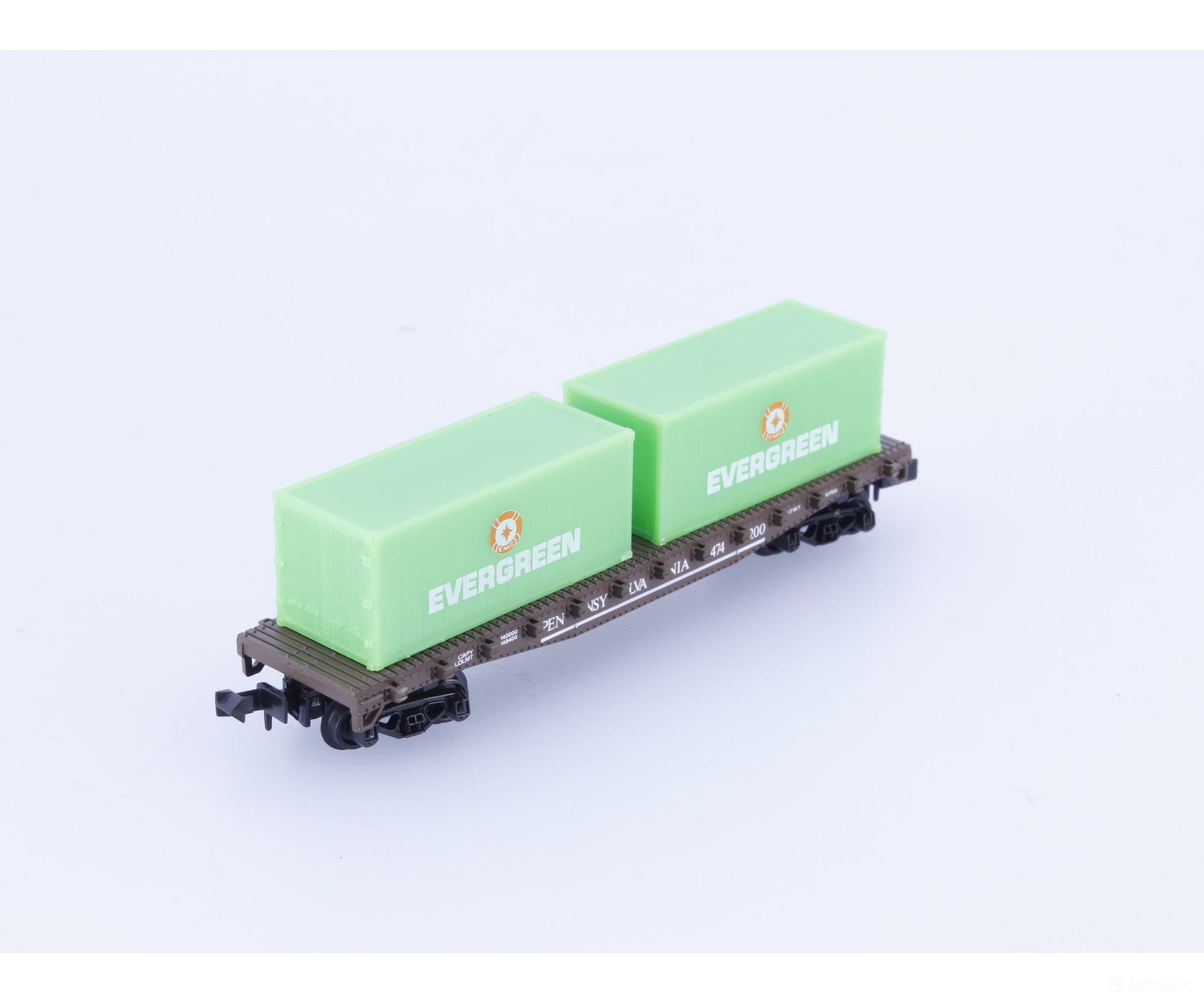 Model Power 4003 N 50’ Flat Car with 2 Evergreen Containers Pennsylvania (PRR) 474200 Freight Cars