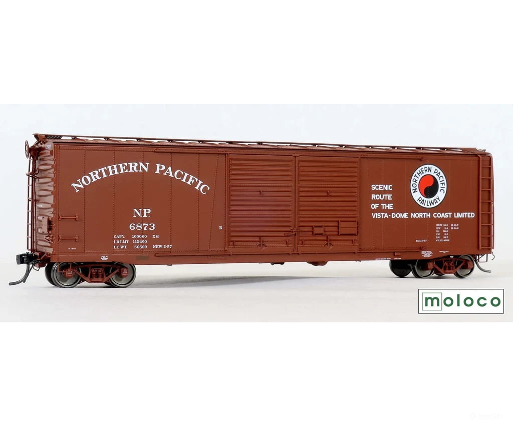 Moloco 70002 HO Delivery 2-57 Arch Lett. + 5’ NP RAILWAY Monad Brainerd built 50’ XM 15-0 Double-slider ctd. NP 6861