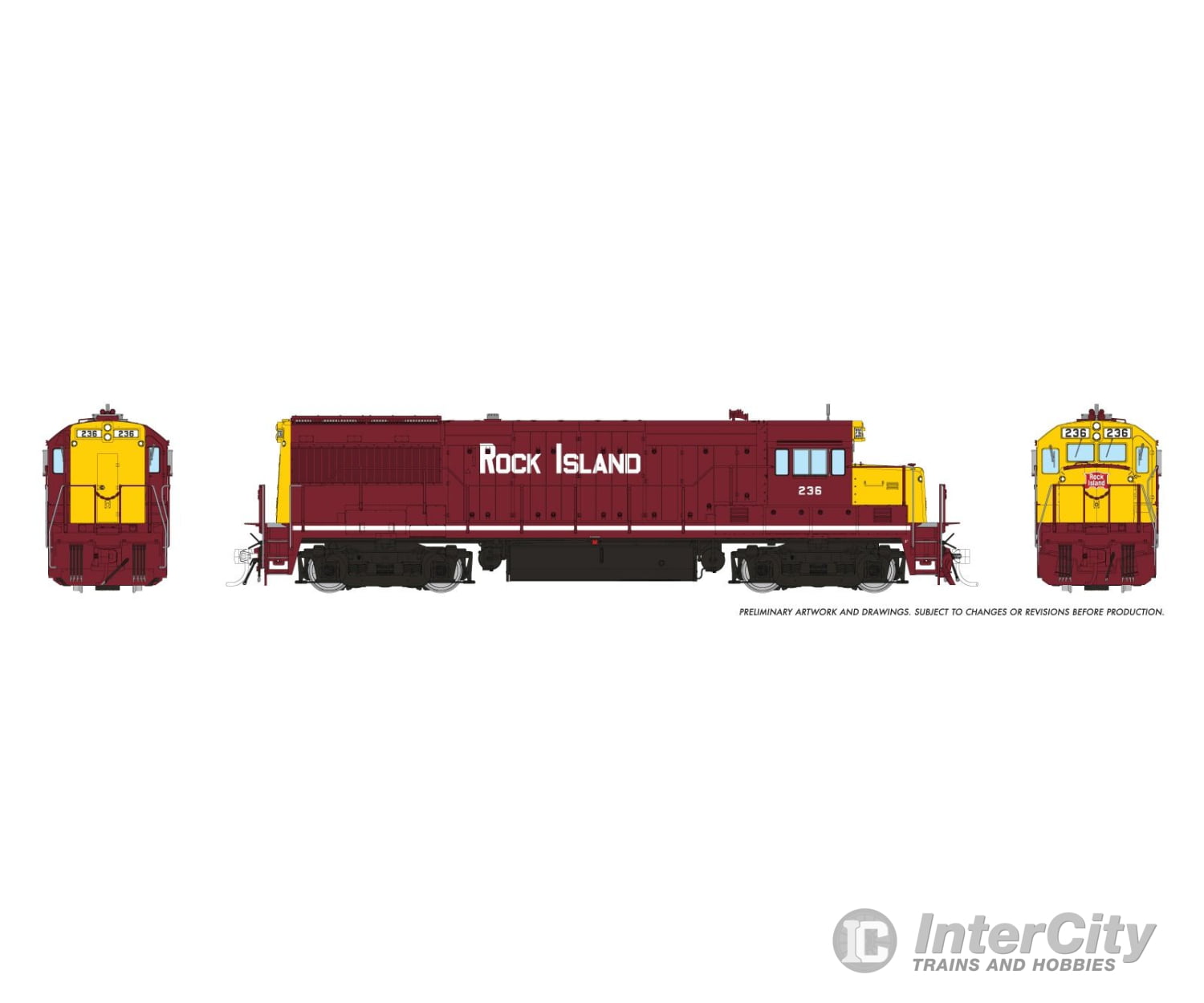 Rapido 035572 HO GE U25B Low Hood (DC/DCC/Sound): Rock Island - Maroon & Yellow w/o Frog Lights: #236 Locomotives