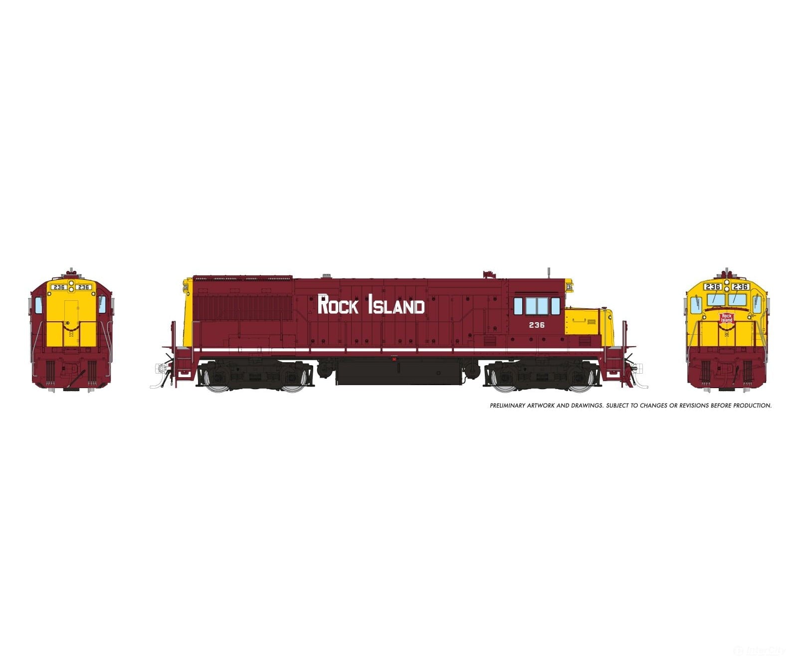 Rapido 035572 HO GE U25B Low Hood (DC/DCC/Sound): Rock Island - Maroon & Yellow w/o Frog Lights: #236 Locomotives