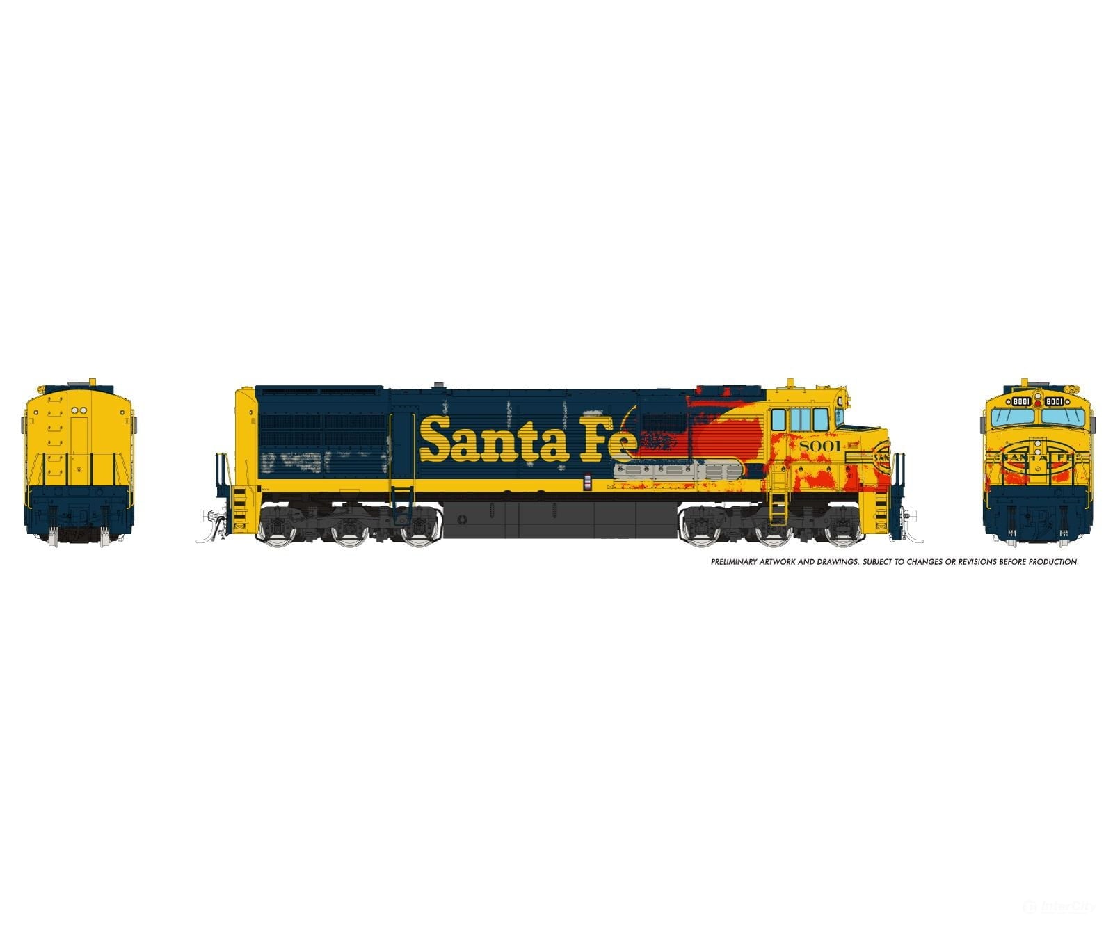 Rapido 055515 HO GE U30CG w/o SG (DC/DCC/Sound): Santa Fe - Yellow Warbonnet Weathered: #8001 Locomotives