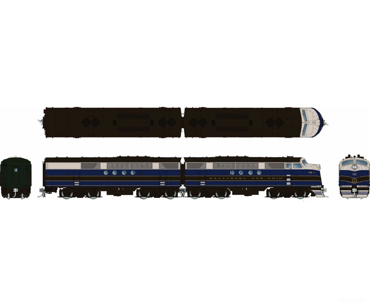 Rapido 1004509 HO EMD FT A + B (DC/DCC/Sound): B&O - Blue & Gray: #105A + 105AX - Locomotives
