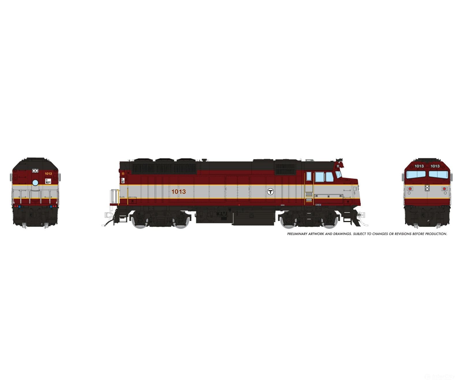 Rapido 1043015 HO EMD F40PH (DC/Silent): MBTA - Maroon & Silver: #1013 - Locomotives