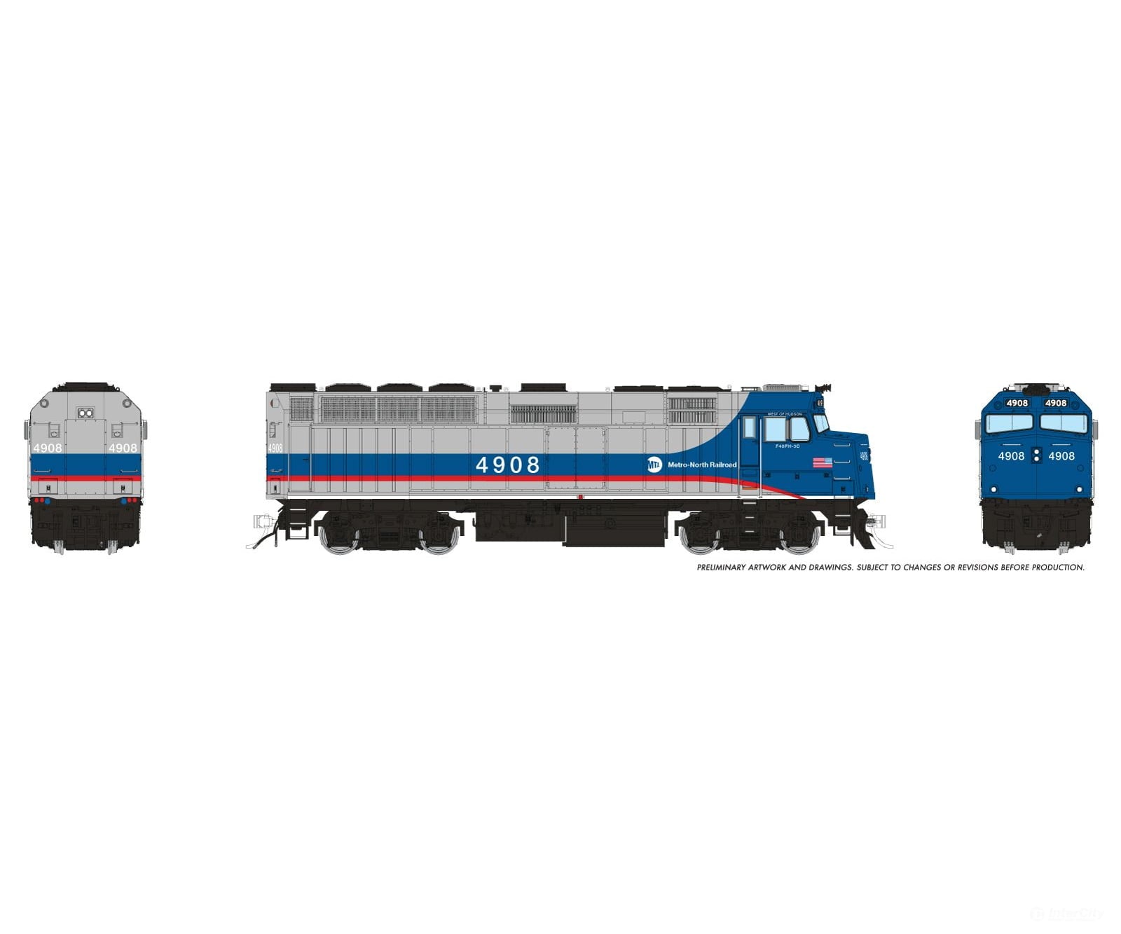 Rapido 1043054 HO EMD F40PH-3C (DC/Silent): Metro-North - Blue/Red/Silver: #4908 - Locomotives