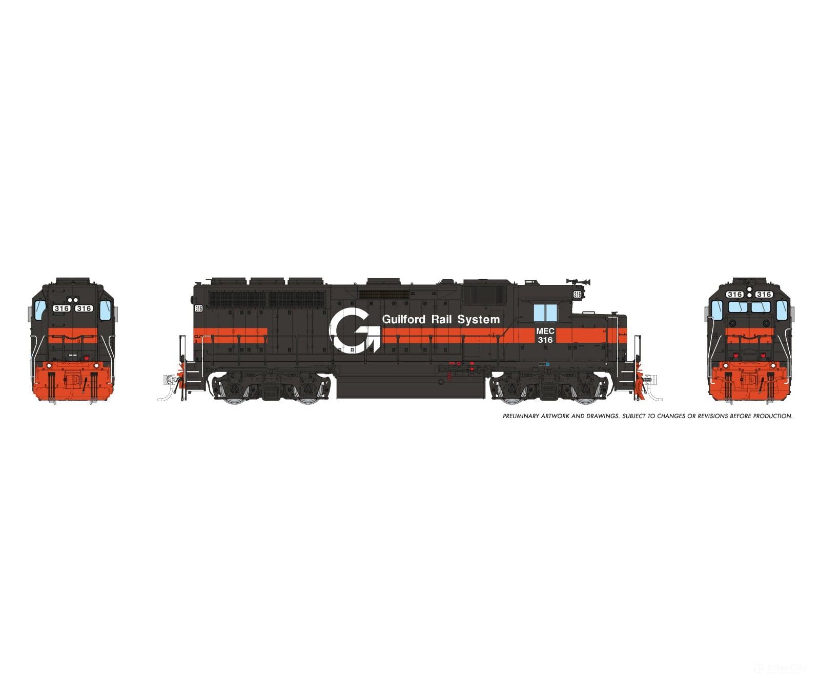 Rapido 1078015 HO EMD GP40 (DC/Silent): Guilford - Gray & Orange MEC Lettering: #316 - Locomotives