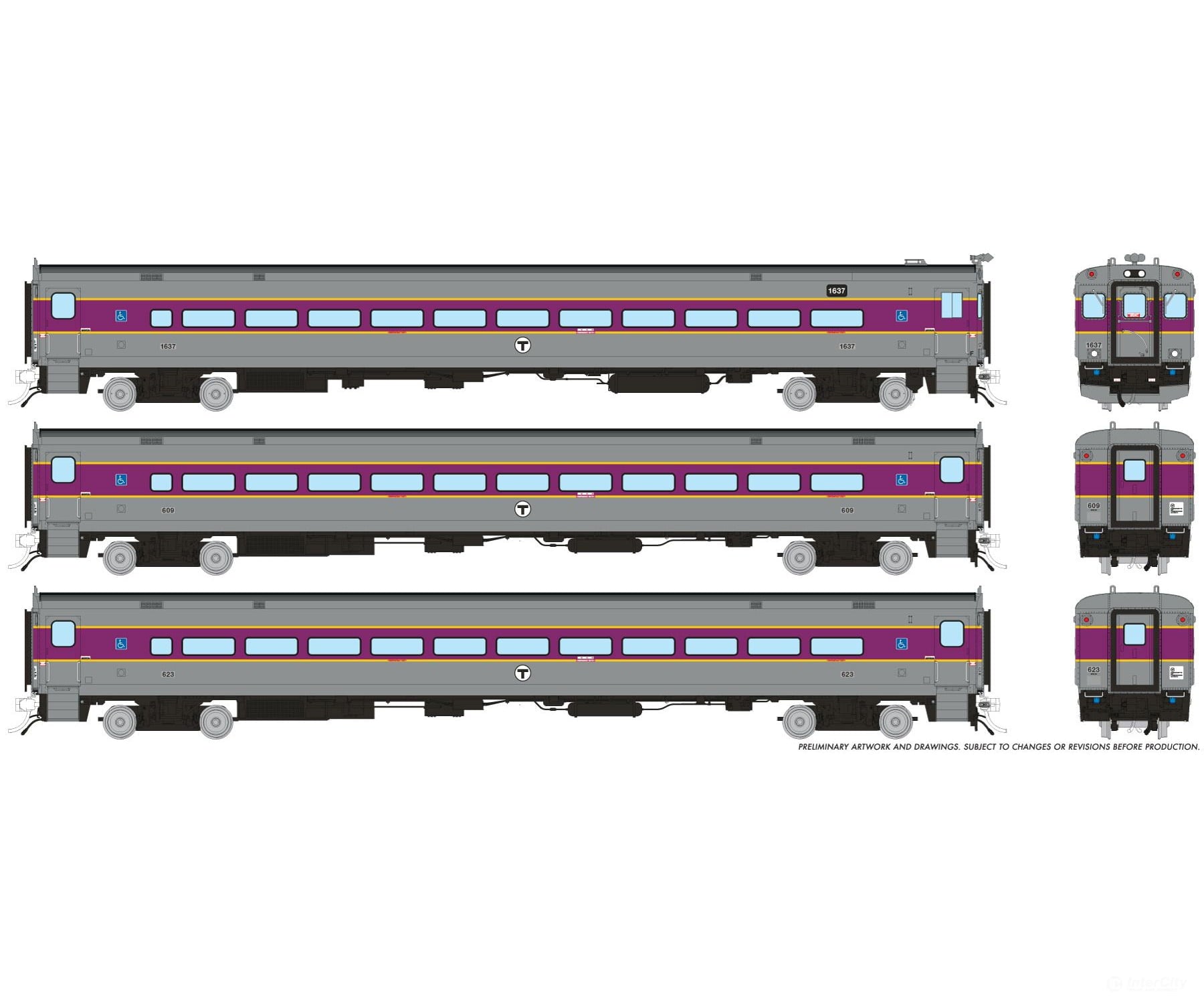Rapido 1084015 HO Comet Car: MBTA - Modern: Set #3 (Cab: 1637 Coaches: 609 623) - Passenger Cars