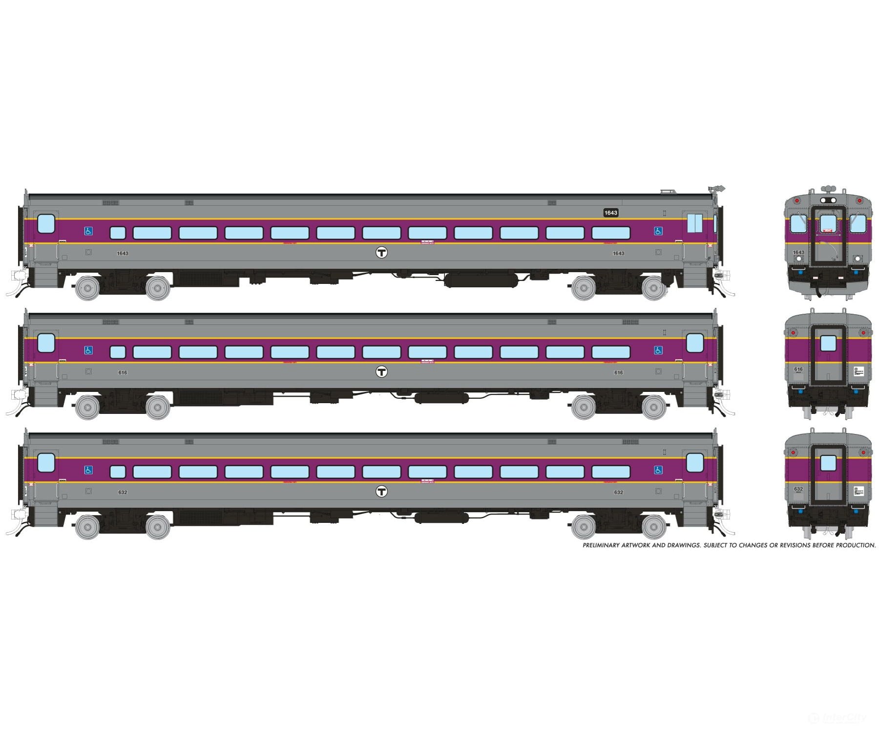 Rapido 1084016 HO Comet Car: MBTA - Modern: Set #4 (Cab: 1643 Coaches: 616 632) - Passenger Cars